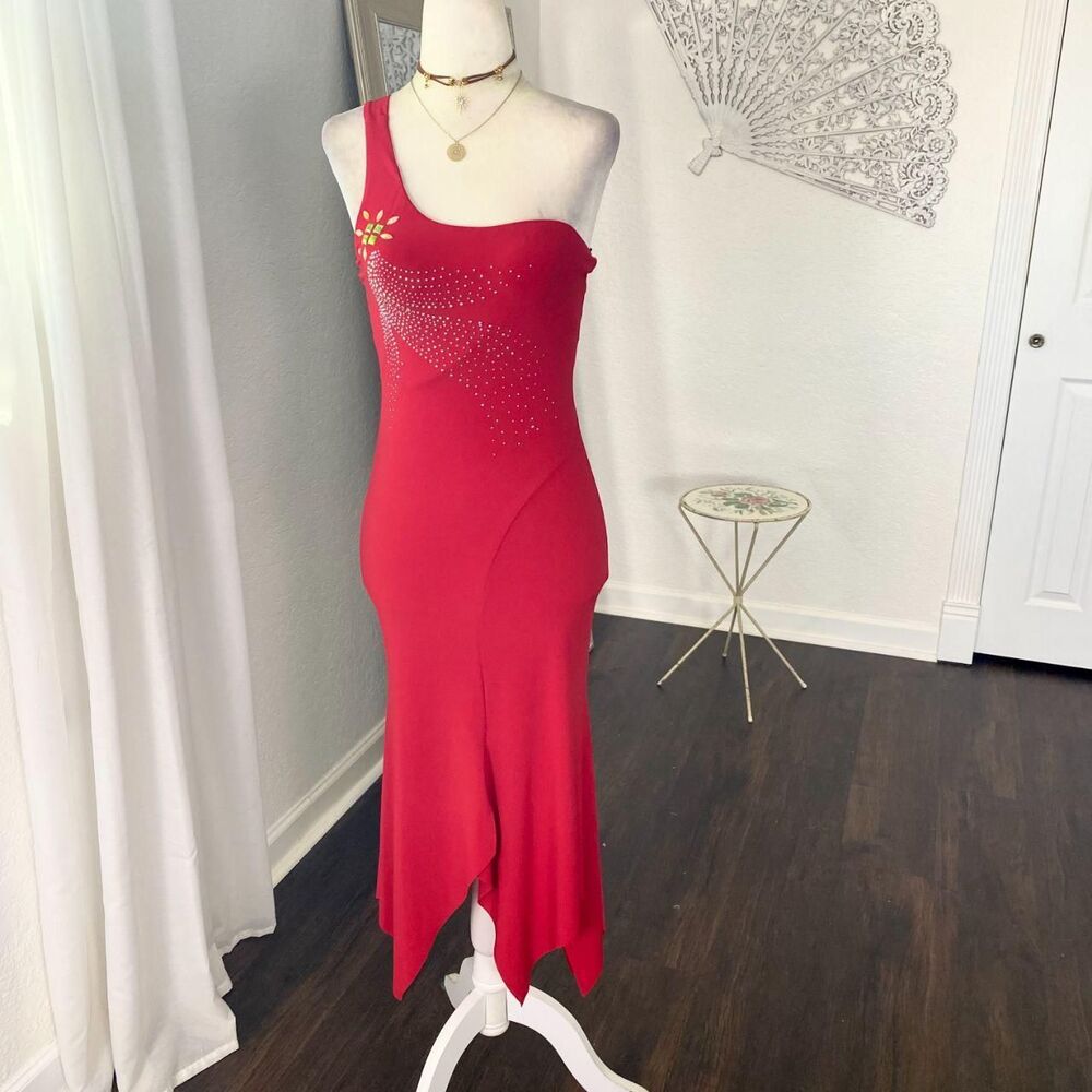 Vintage Made in USA Red Early 2000's Asymmetric One Shoulder Midi Party Dress S - Picture 3 of 7